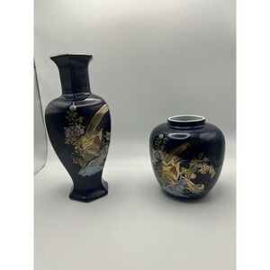2-PC Asian Style Cobalt Blue Cloisonné Golden‎ Floral Flower Vases